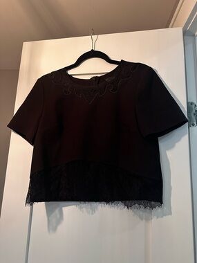 Topshop Black Lace-Trim Cropped Short Sleeve Top